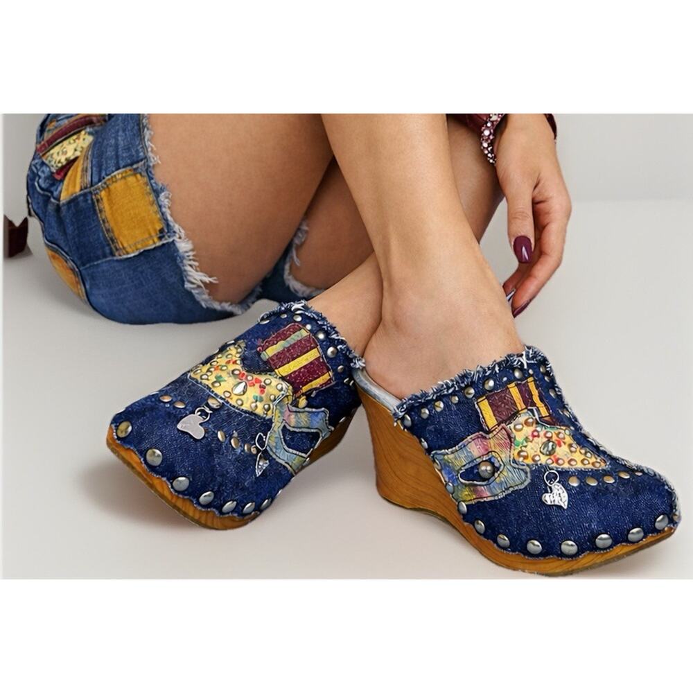 Y2K Bumper BP Denim Patchwork Clog Heels Studded Platform Mules Boho Fairycore 6